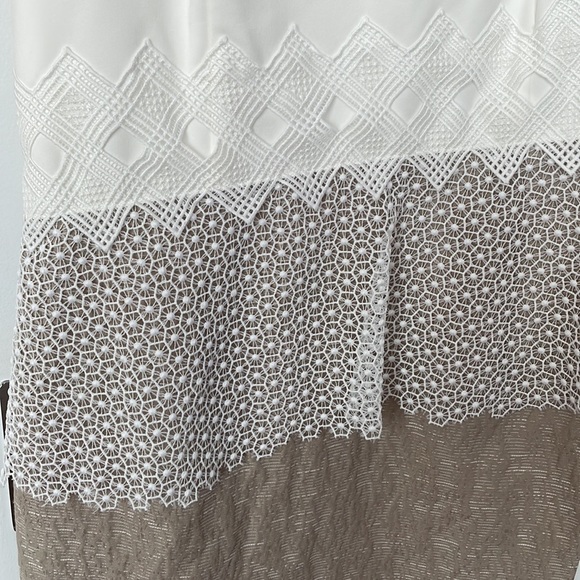 Tahari Sheath Dress, White and and Tan Color Block with Lace Overlay - Picture 3 of 7